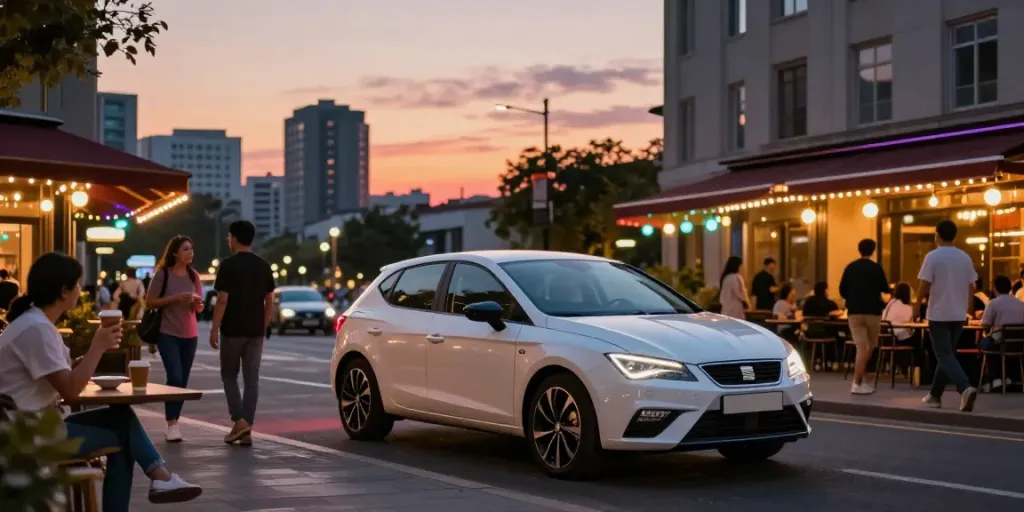 Noleggio lungo termine Seat Ibiza in una vivace strada cittadina al tramonto con persone socializzanti.