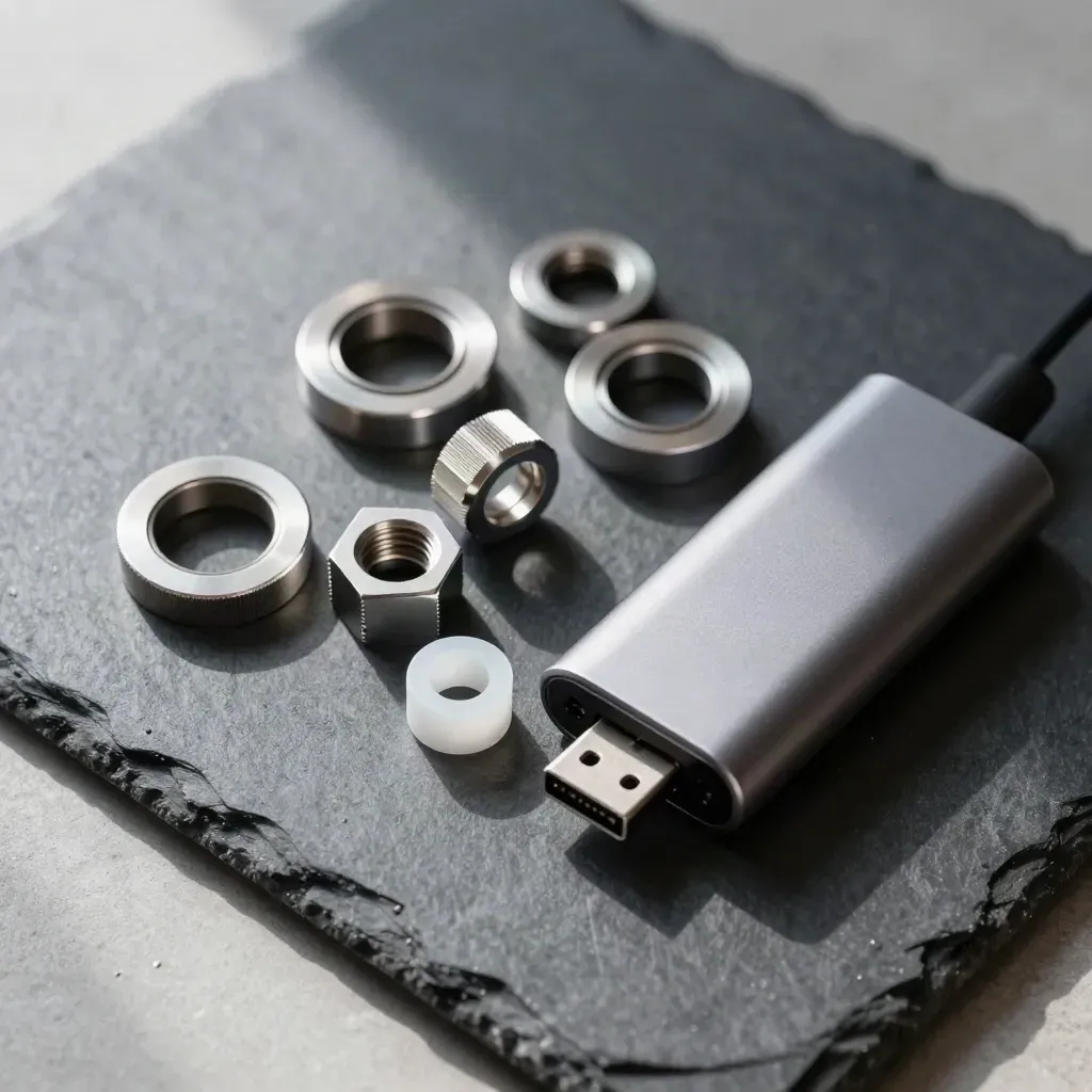 Viti, distanziali esagonali e hub USB su ardesia, con un distanziale bianco in rotolamento.