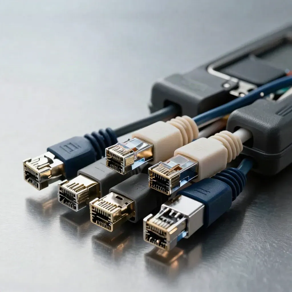 Kit di rete con cavi ethernet, connettori RJ45 e tester su metallo spazzolato.