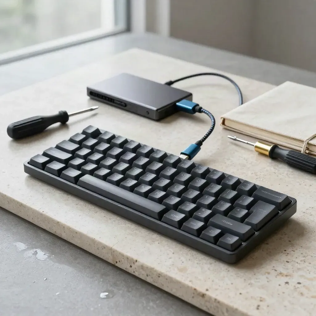 Kit premium per coding con tastiera, cavo, SSD, taccuino e utensili su lastra di pietra.