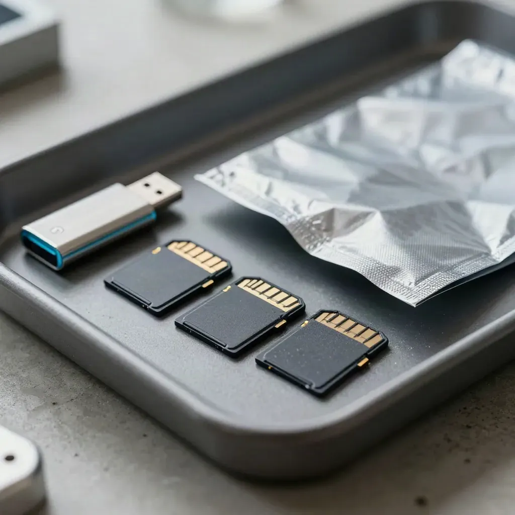 MicroSD, lettore USB e bustina antistatica su vassoio grafite, macro tecnico.