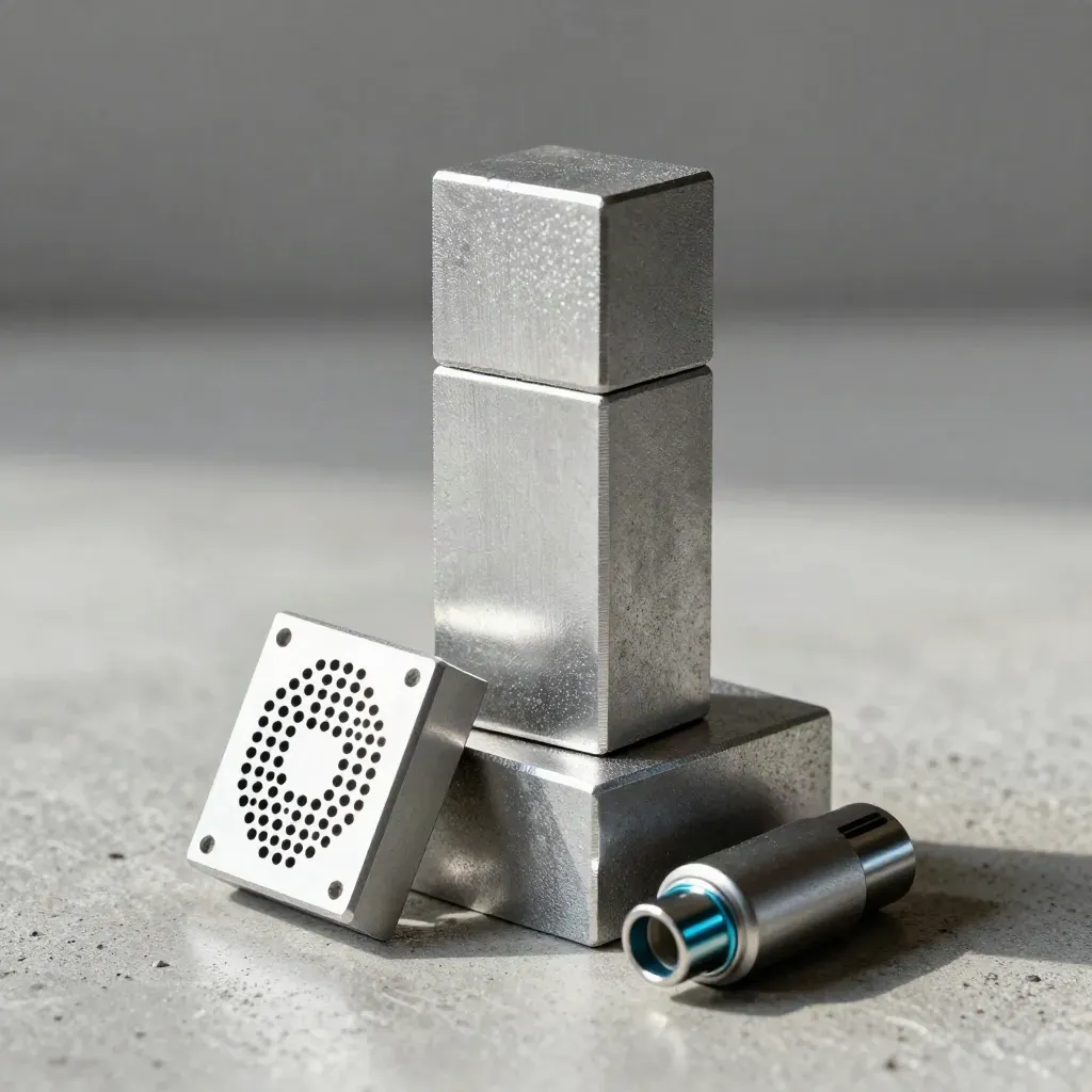 Blocchi di alluminio, griglia ventola e dongle su cemento chiaro, luce drammatica.