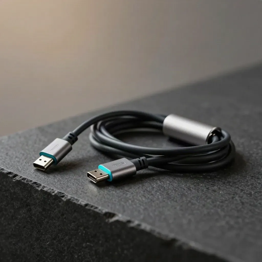 Cavo USB-C arrotolato con dongle e clip su pietra scura, luce drammatica