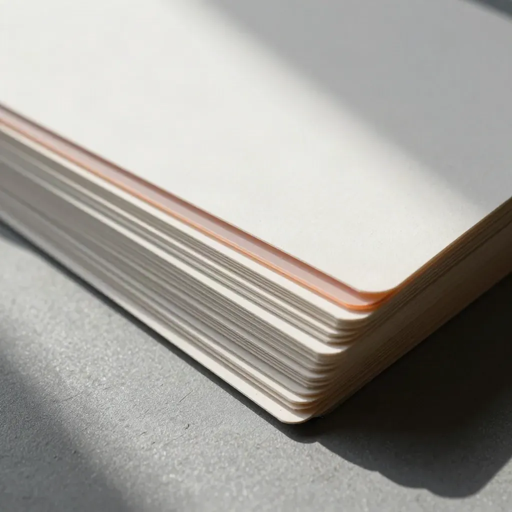 Carte layout sovrapposte con distanziatori traslucidi e campione chiaro su superficie grafite.