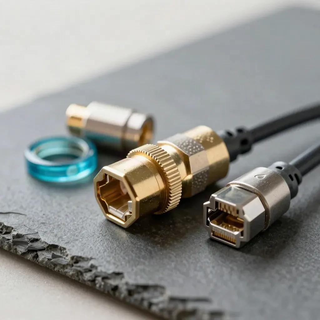 Adattatore Ethernet a L inserito in un giunto in ottone su superficie grafite.