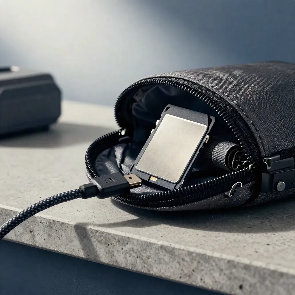 Pochette tech con cavo intrecciato e SSD, su fondo neutro con luce radente.