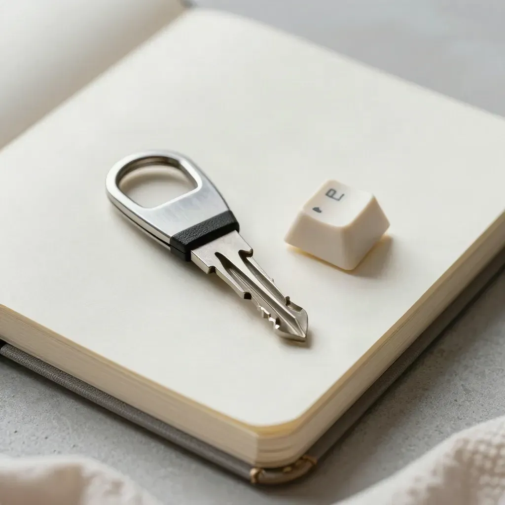Notebook aperto, keycap puller e tasto meccanico su superficie chiara, vista dall'alto.