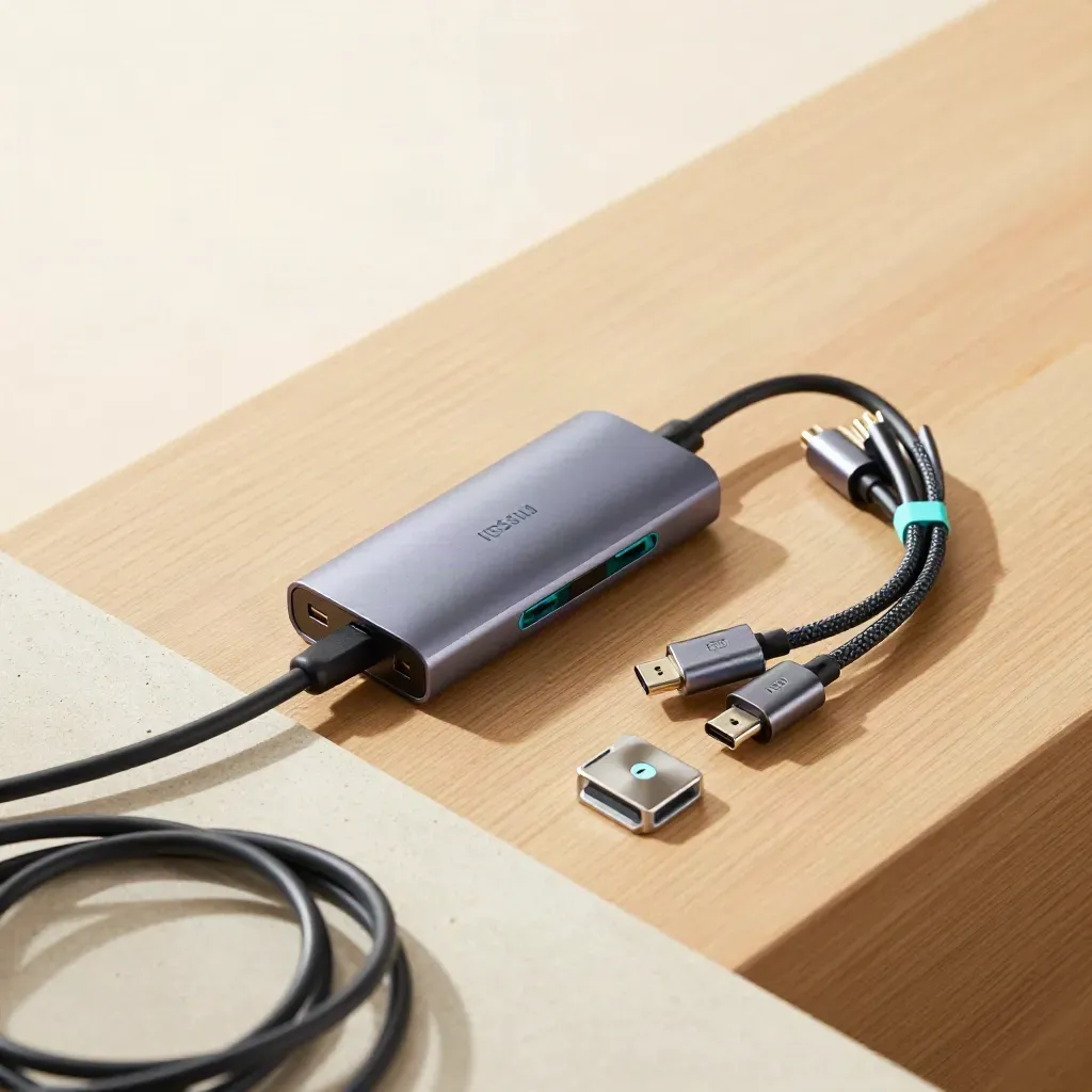 Kit di rete condiviso con hub USB e cavi Ethernet su legno chiaro, vista dall’alto.
