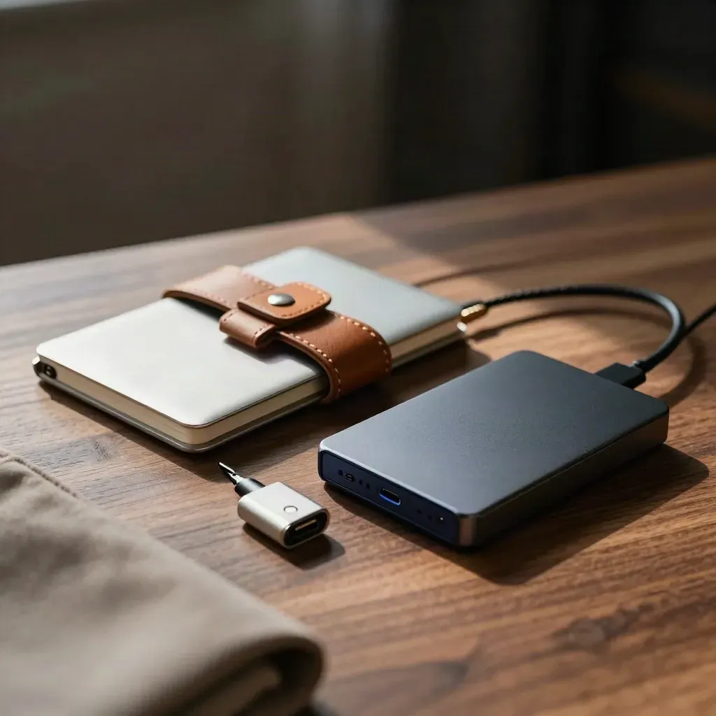 Kit da freelance con SSD portatile, avvolgicavo in pelle e angolo metallico su legno scuro.