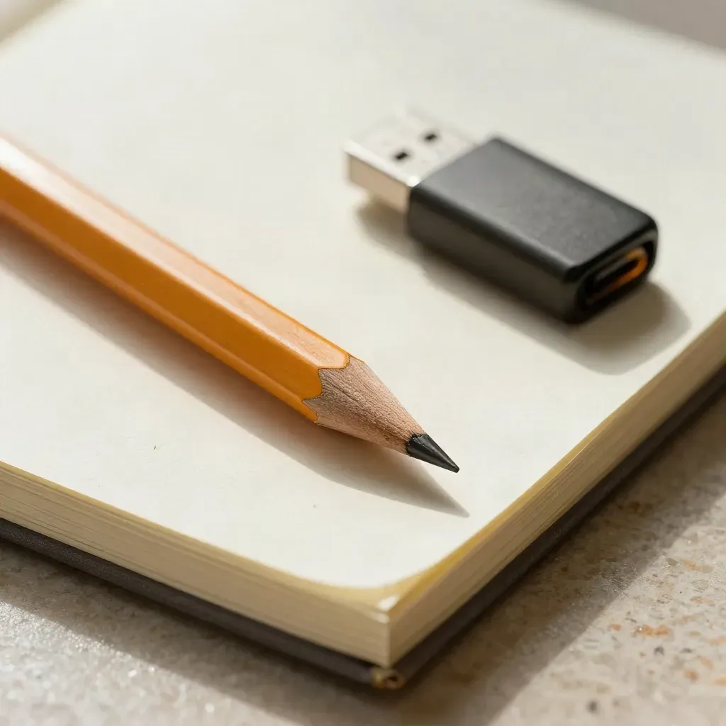 Matita appuntita, taccuino bianco e piccolo dongle USB su pietra chiara, in macro.