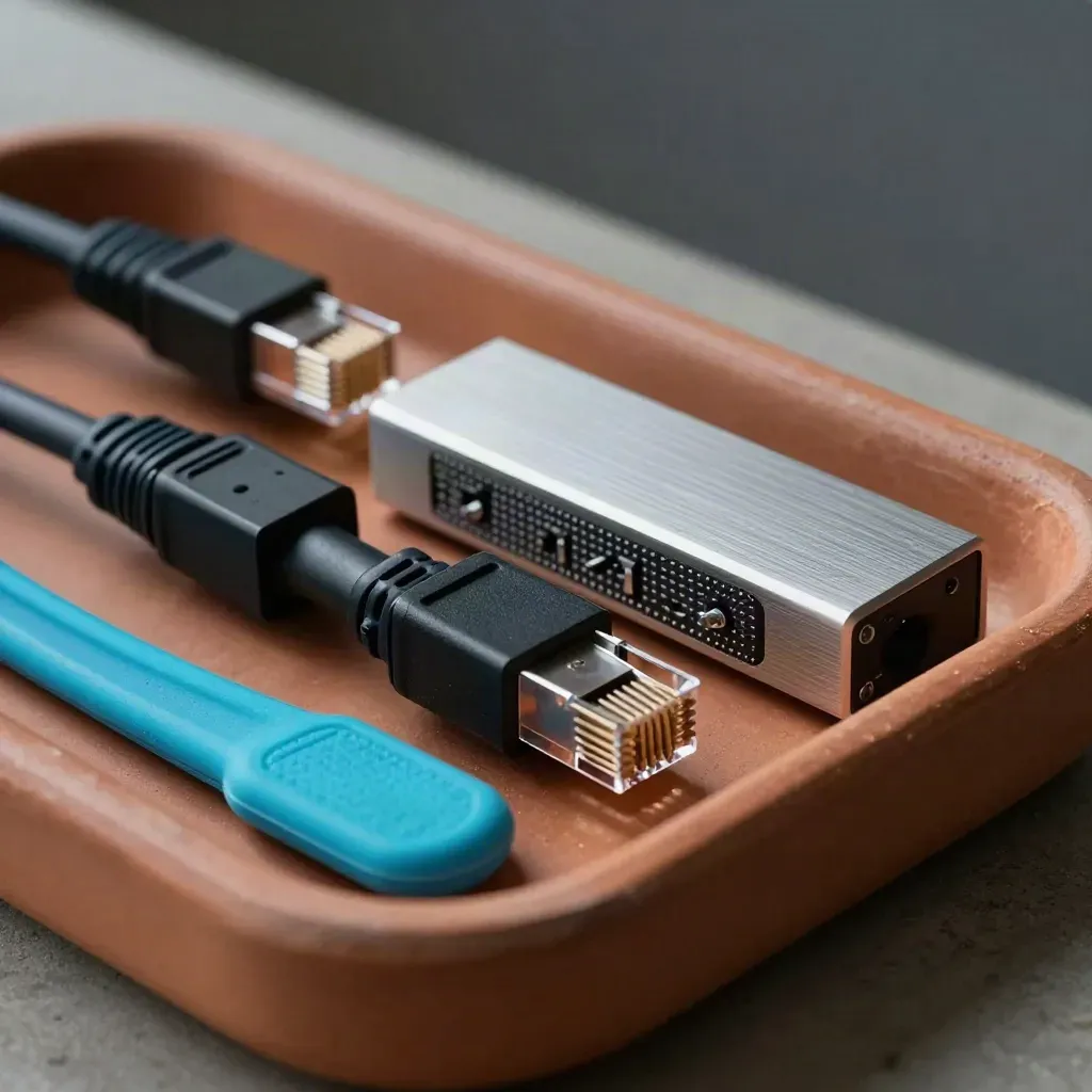 Vassoio con spine ethernet, clip cavo e hub modulare su fondo scuro sfocato.