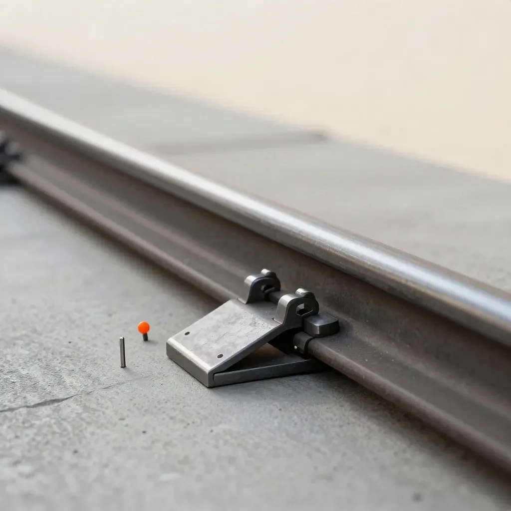 Binari metallici spazzolati con ponte a incastro e piccolo perno arancio su cemento grigio.